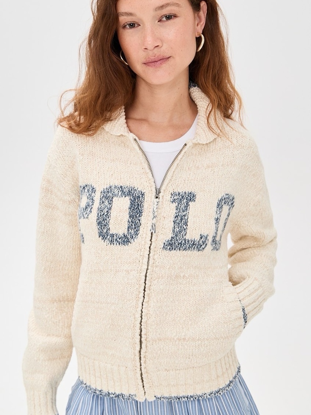 Polo by Ralph Lauren Cream Zip-Front Sweater with Blue Logo